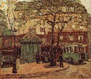 Grant Wood Greenish Bus in Street of Paris oil on canvas